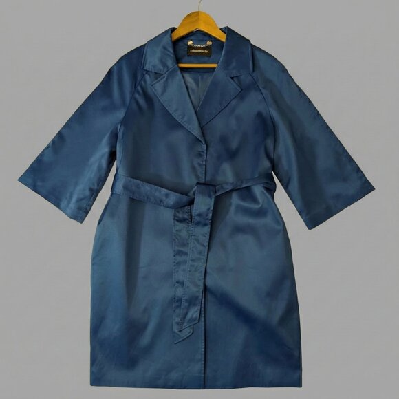 Coat Dress Trendy Electric Blue Satin Belted 3/4 Sleeves Fully Lined - Picture 3 of 11